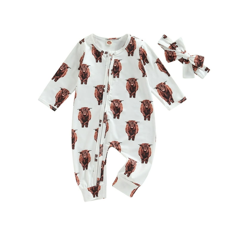 Baby Girls Highland Cow Floral Outfits Newborn Zip Up Onesie Romper with Headband Western Clothes 3M 6M 12M 18M
