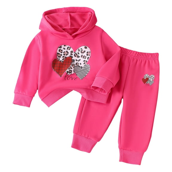 Baby Girls Hoodie Set Valentines Day Outfit Heart Print Pink Puff Long Sleeve Hooded Tops Pants 2 Piece Sets Red 6-9 Months