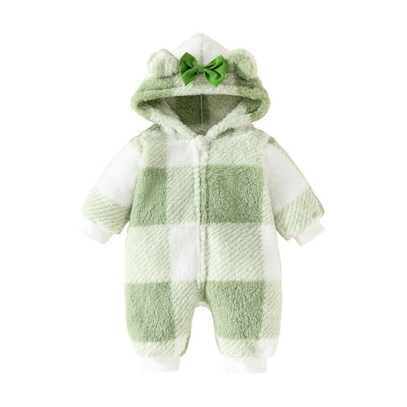 Baby Girls Jumpsuit Fuzzy Fleece Onesies Warm Newborn Infants Bear Plaid Hooded Romper Playsuit Winter Clothes (3-6M, Green)