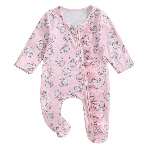 Baby Girls Jumpsuit, Long Sleeve Crew Neck Snowman Print Frills Romper Christmas Clothes