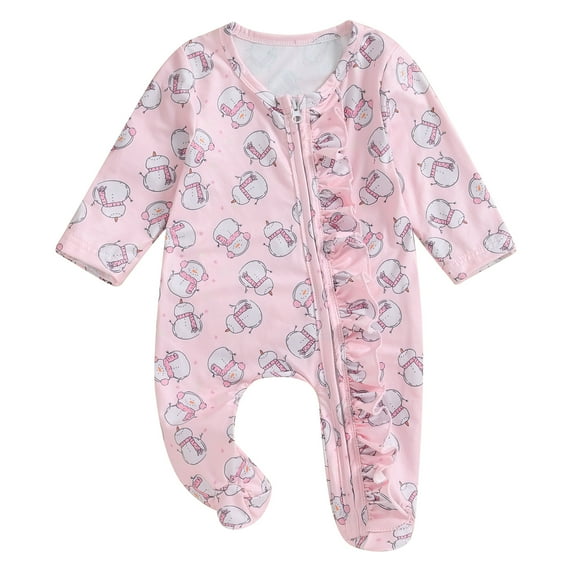 Baby Girls Jumpsuit, Long Sleeve Crew Neck Snowman Print Frills Romper Christmas Clothes