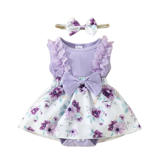 Baby Girls Jumpsuit Ribbed Sleeveless Crewneck Romper Set With Floral Print Skirt Lace Trim Snap Closure Matching Bow Headband For Infant Party Wear