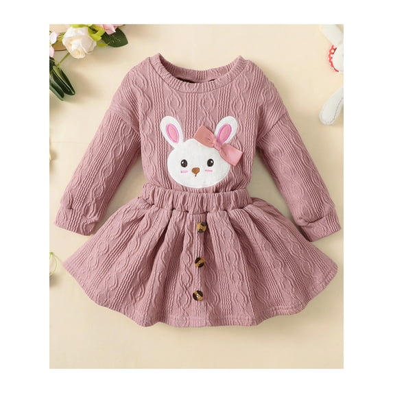 Baby Girls Jumpsuits Set Ruffle Long Sleeves Romper+Casual Cartoon Bunny Suspender Skirt Headband Outfit (Pink 2pcs, 6-9 Months)