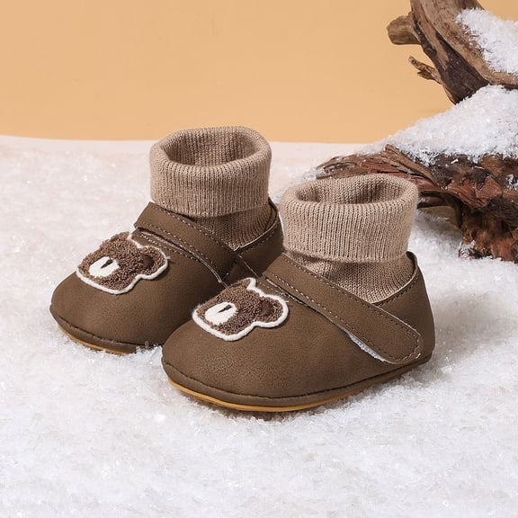 Baby Girls Khaki Snow Boots Winter Plush Lined Bear Print Anti-Slip Soft Sole Walking Shoes Magic Strap