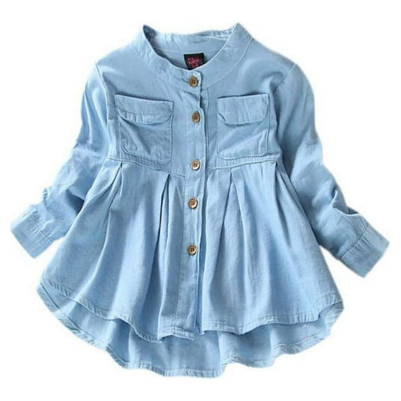 Baby Girls Kid Solid Denim Ruched Long Sleeve O-neck T-Shirt Tops Dress Clothing Children Spring Autumn Fashion Blouse Jacket