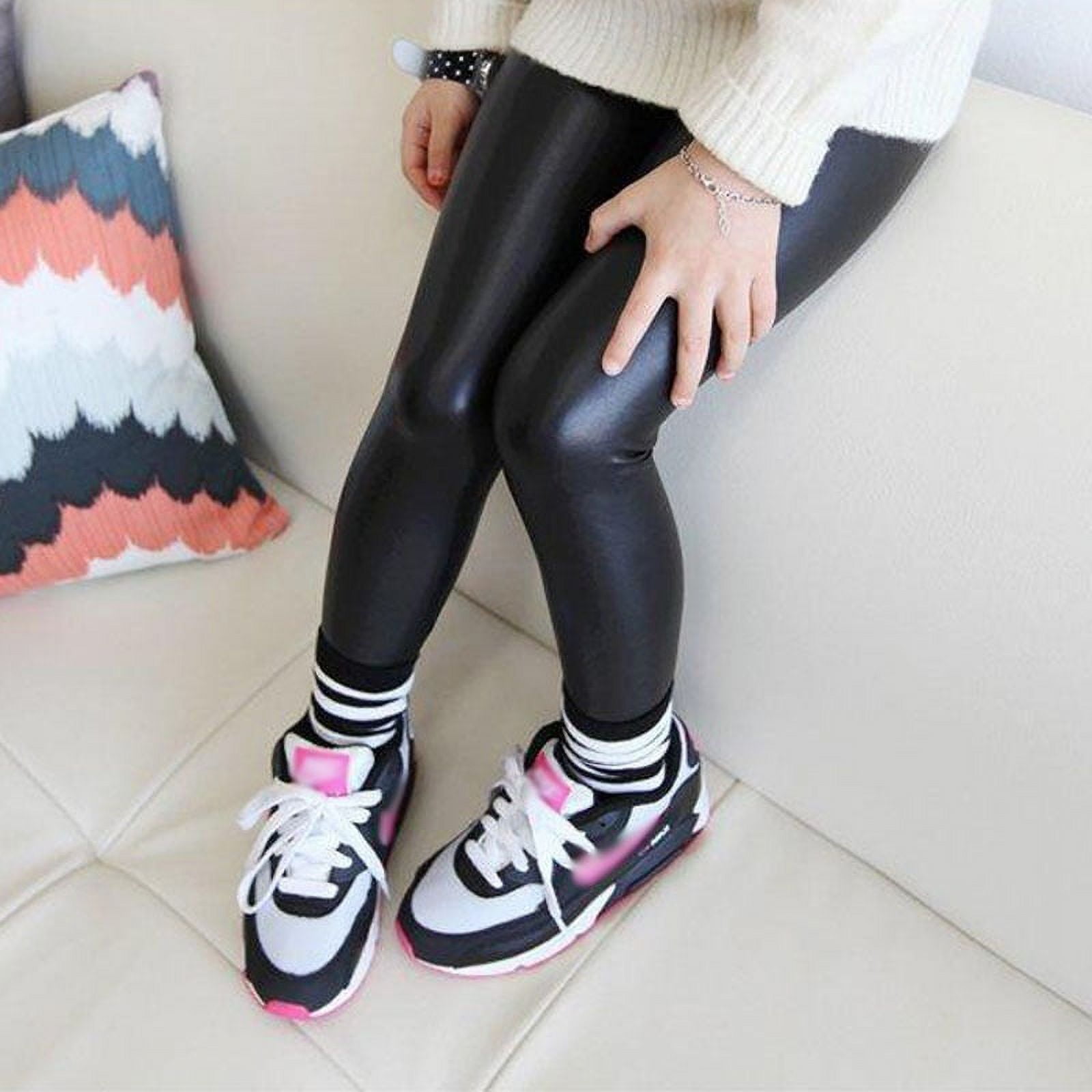 Baby Girls Kids Black Faux Leather Stretchy Skinny Pants Leggings Trousers  1-8Y