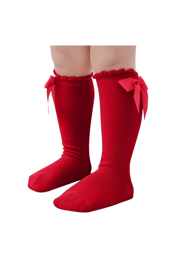 Baby Girls Knee High Socks Anti-skip Crew Stockings with Bow Soft Cozy Cotton Knitted Winter Socks for Girls (6 Months, Red)