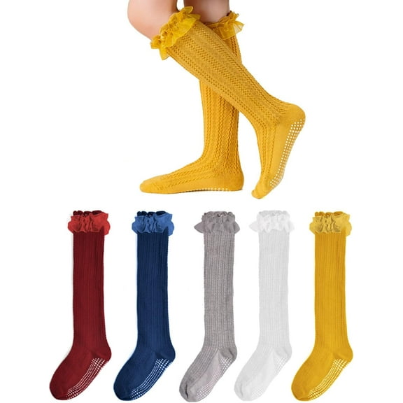 Baby Girls Knee High Socks Cotton Uniform Socks Tube Ruffled Stockings Newborn Infant Toddler (Pack of 3/5)