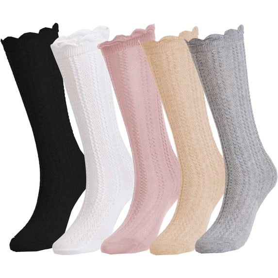 Baby Girls Knee High Socks Cotton Uniform Socks Tube Ruffled Stockings Newborn Infant Toddler (Pack of 3/5)