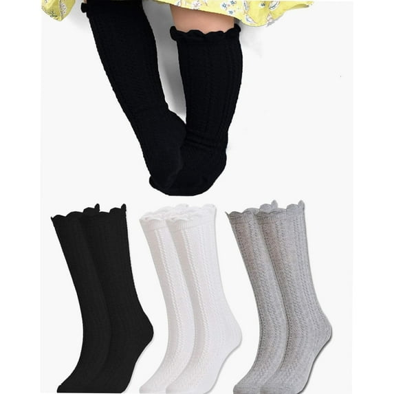Baby Girls Knee High Socks Cotton Uniform Socks Tube Ruffled Stockings Newborn Infant Toddler (Pack of 3)
