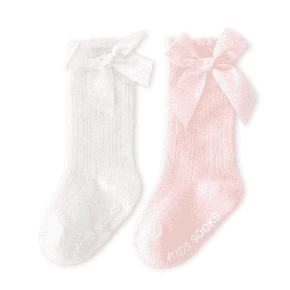 Baby Girls Knee High Socks with Bow Ruffle, Non-Slip Cotton Toddler Stockings, Soft Infant Long Tube Dress Socks for Newborn Girls