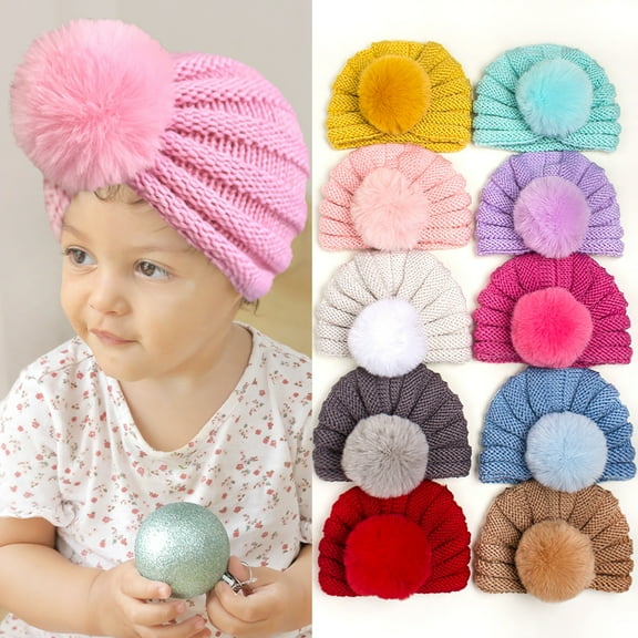 Baby Girls Knitted Turban Hat Head Wrap Cute Plush Ball Infant Toddler Newborn Cap Hair Accessories 0-24Month