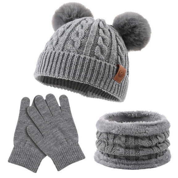 Baby Girls Knitted Winter Hat Scarf Gloves Set Warm Twist Toddler Beanie Neck Warmer Kids Boys Hat with Pompom (Gray)