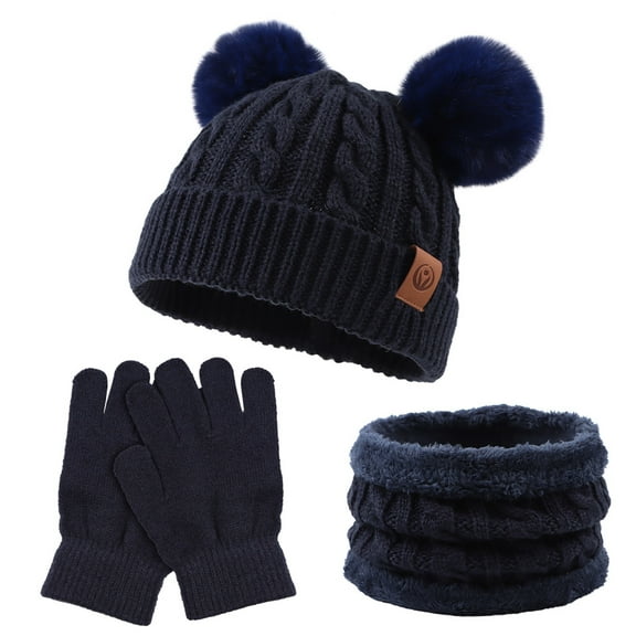 Baby Girls Knitted Winter Hat Scarf Gloves Set Warm Twist Toddler Beanie Neck Warmer Kids Boys Hat with Pompom (Navy)