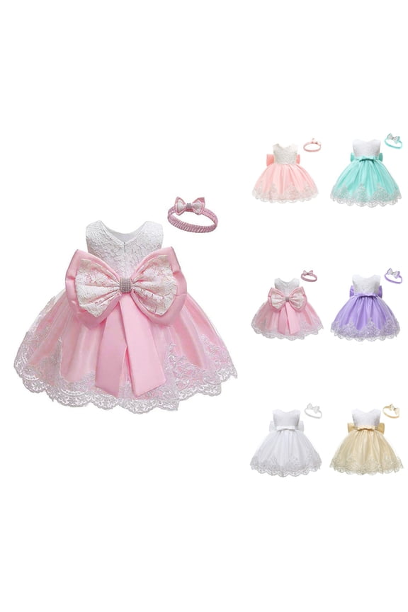 Baby Girls Lace Bowknot Princess Tutu Dress with Headband – Flower Embroidery Formal Pageant Baptism Birthday Gown