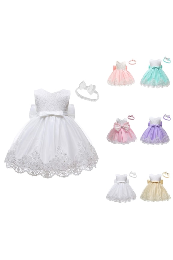 Baby Girls Lace Bowknot Princess Tutu Dress with Headband – Flower Embroidery Formal Pageant Baptism Birthday Gown