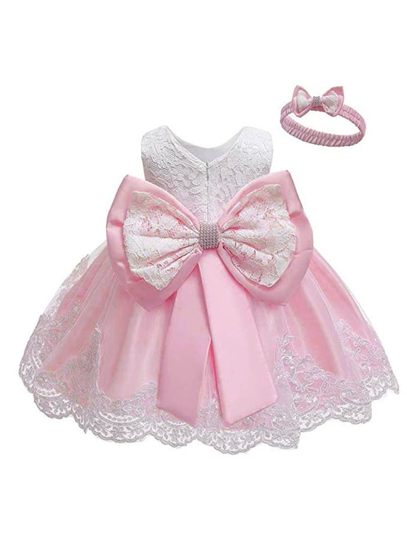 Baby Girls Lace Bowknot Princess Wedding Formal Tutu Dress Headband Set Clothes Cozy Sundress, White, 0-3 Months