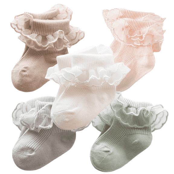Baby Girls Lace Socks with Ruffle,Cotton Ankle Frilly Dress Socks for Newborn Infant Toddler Kids, Eyelet Double Lace Turn Cuff Spring Summer Thin Socks