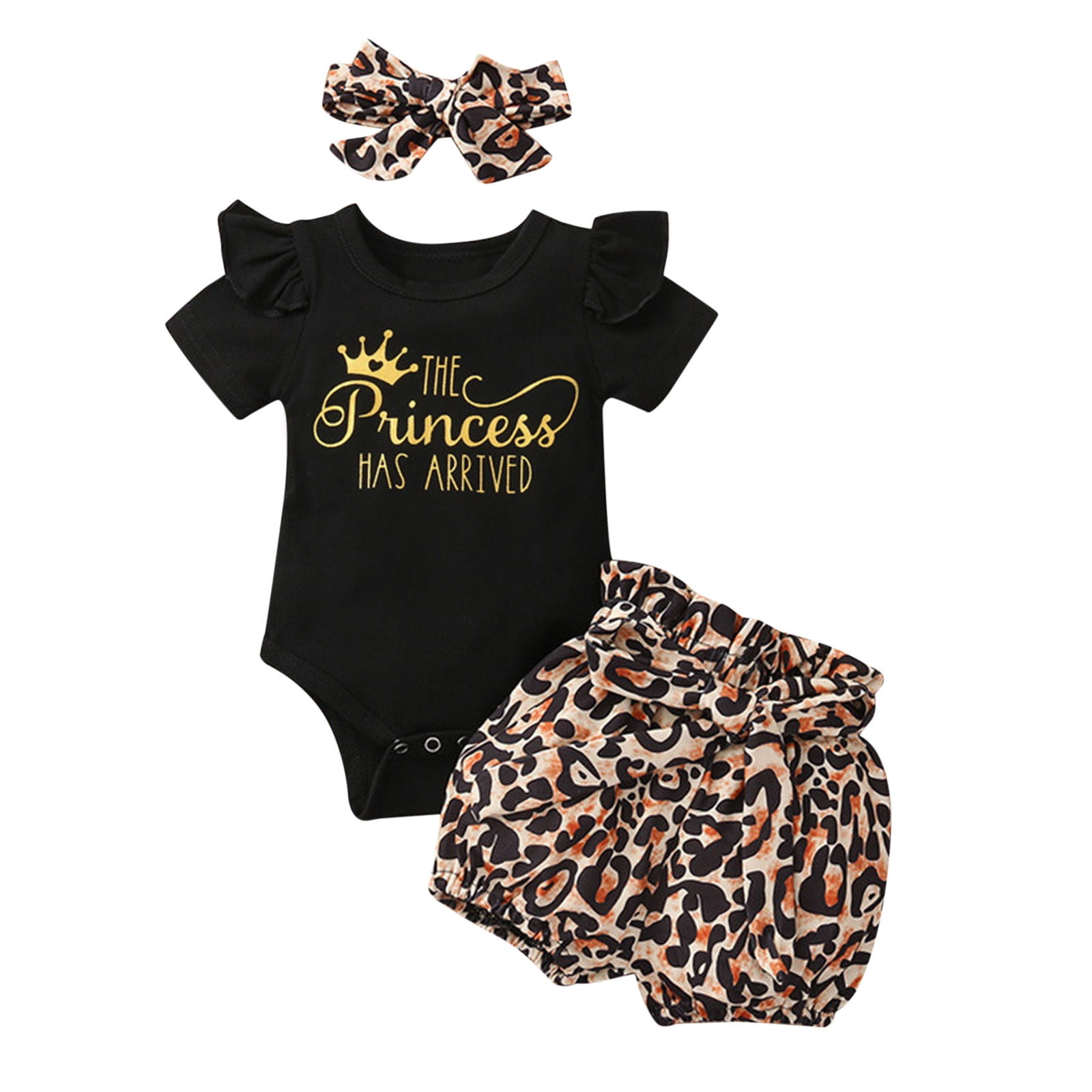 3pcs Baby Girl Letter Embroidered Black Ribbed Short-sleeve Romper and Leopard Layered Shorts with Headband Set