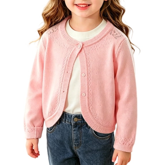 Baby Girls' Long Sleeve Cardigan Knit Button Closure Bolero Shrug Toddler Cardigan Hollow out Cropped Sweater Cute Kids Shawl