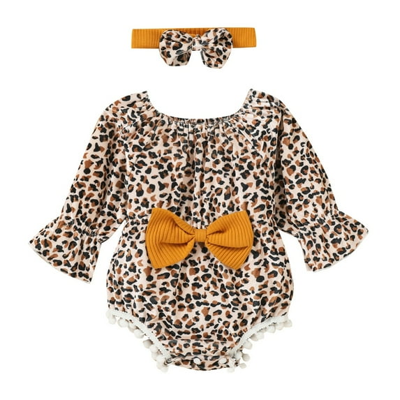 Baby Girls Long Sleeve Leopard Romper Shorts Newborn Jumpsuit + Headband Set 0-12M