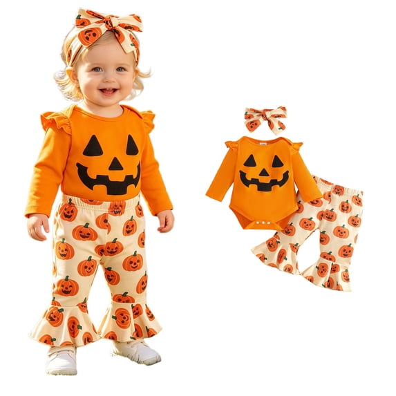 Baby Girls Long Sleeve Pumpkin Bodysuit Flared Pants and Headband 3 Pcs Set Pumpkin Halloween Party Clothes Kids Halloween Size 3-6 Months