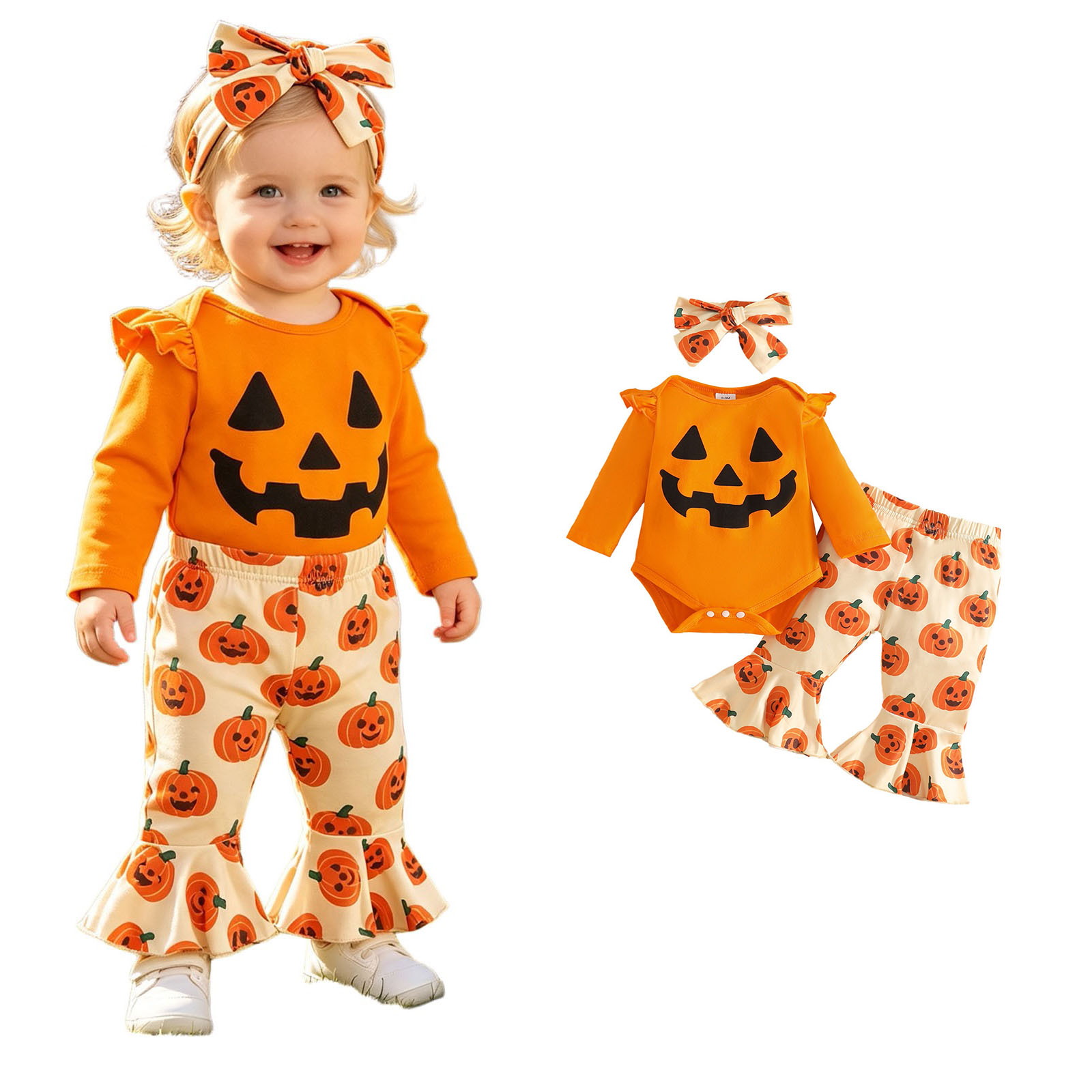 Baby Girls Long Sleeve Pumpkin Bodysuit Flared Pants and Headband 3 Pcs Set Pumpkin Halloween Party Clothes Kids Halloween Size 3-6 Months