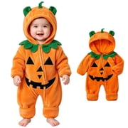 Baby Girls Long Sleeve Pumpkin Hooded Bodysuit Toddler Pumpkin Costume Cosplay Costume Halloween Costume for Girls Size 0-24 Months
