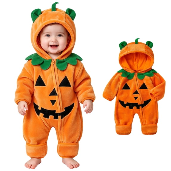 Baby Girls Long Sleeve Pumpkin Hooded Bodysuit Toddler Pumpkin Costume Cosplay Costume Halloween Costume for Girls Size 0-24 Months