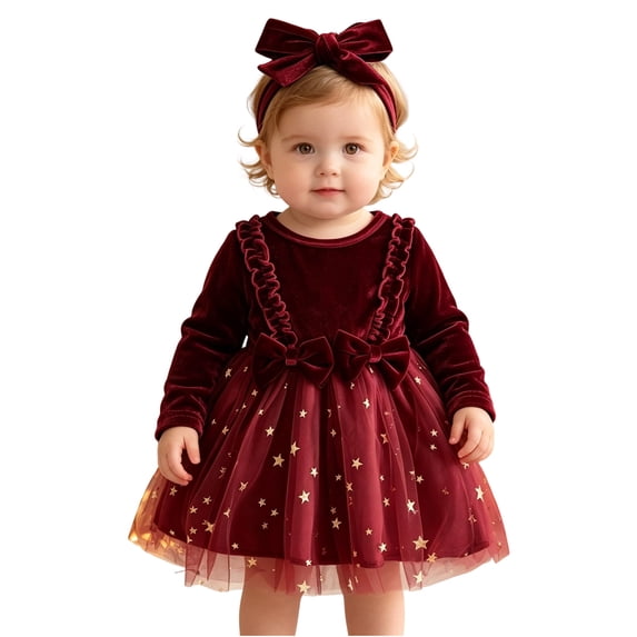 Baby Girls Long Sleeve Velvet Tulle Dress Set Star Print Skirt Ruffle Bow Detail with Matching Bow Headband