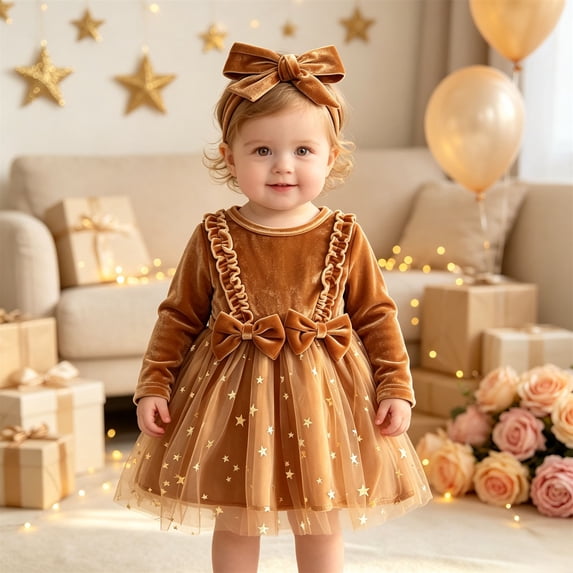 Baby Girls Long Sleeve Velvet Tulle Dress Set Star Print Skirt Ruffle Bow Detail with Matching Bow Headband