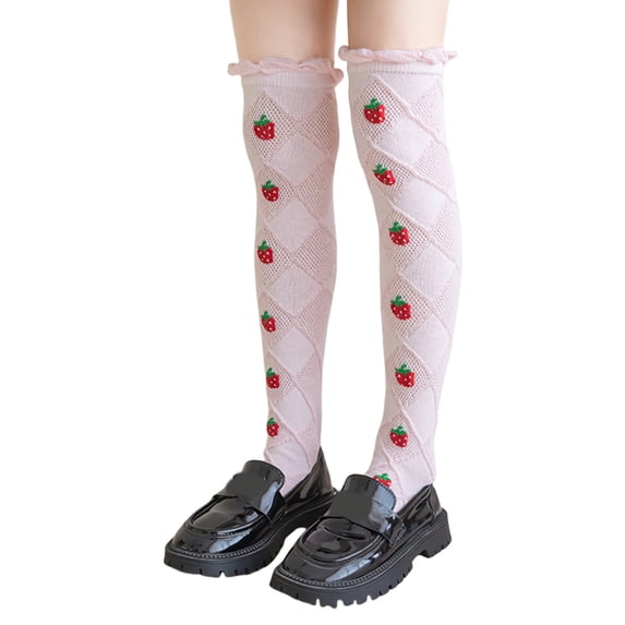 Baby Girls Long Tube Socks Spring Autumn Thin Kids Strawberry Printed Socks Over Knee Length Stockings