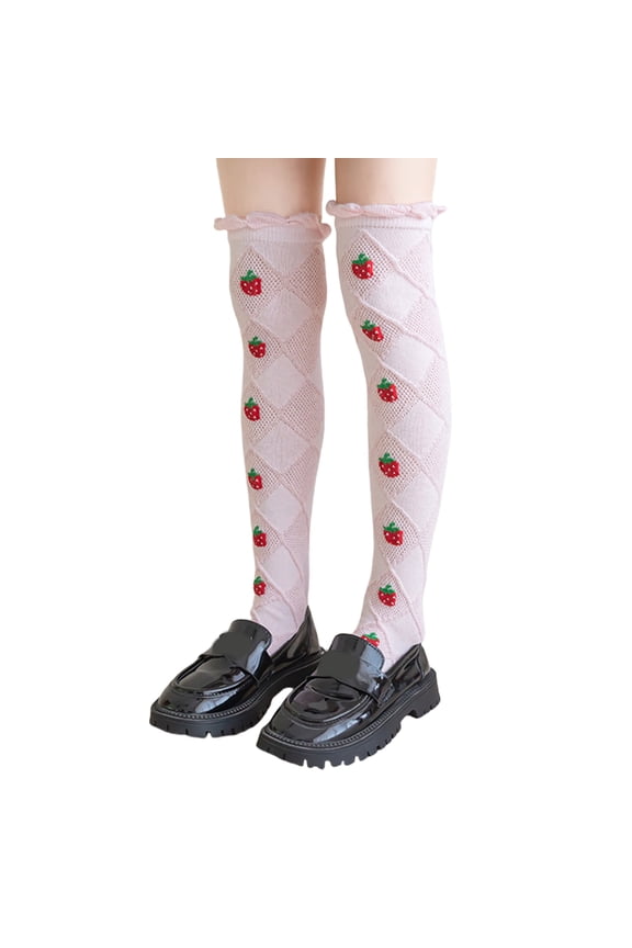 Baby Girls Long Tube Socks Spring Autumn Thin Kids Strawberry Printed Socks Over Knee Length Stockings