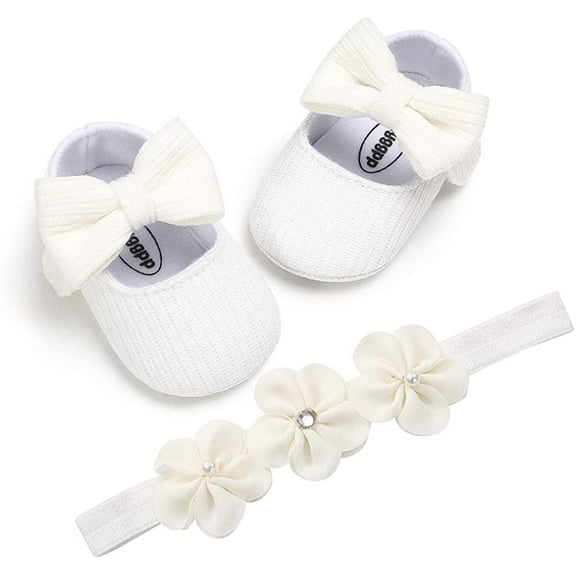 Baby Girls Mary Jane Flats with Bowknot Flowers,Princess Wedding Dress Ballet Shoes Non-Slip Toddler First Walkers Newborn Crib Shoe