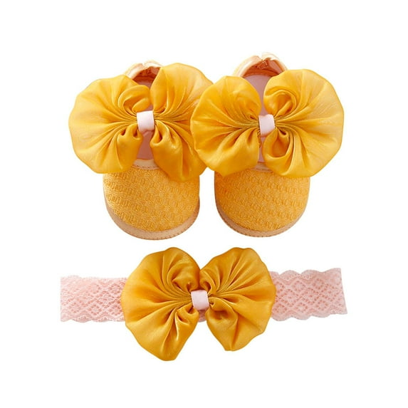 Baby Girls Mary Jane Flats with Bowknot Headband Infant Floral Princess Dress Soft Sole Crib Shoes Non-Slip for Toddler First Walkers