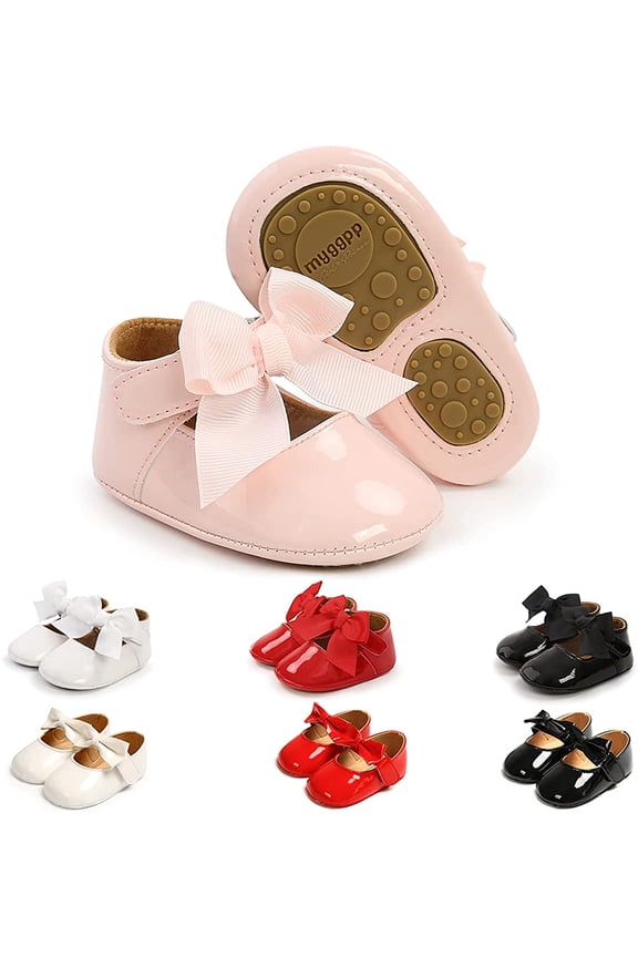 Baby Girls Mary Jane Flats with Bownot Non Slip Soft Sole PU Leather Newborn Infant Toddler First Walker Cirb Party Christmas Dress Shoes