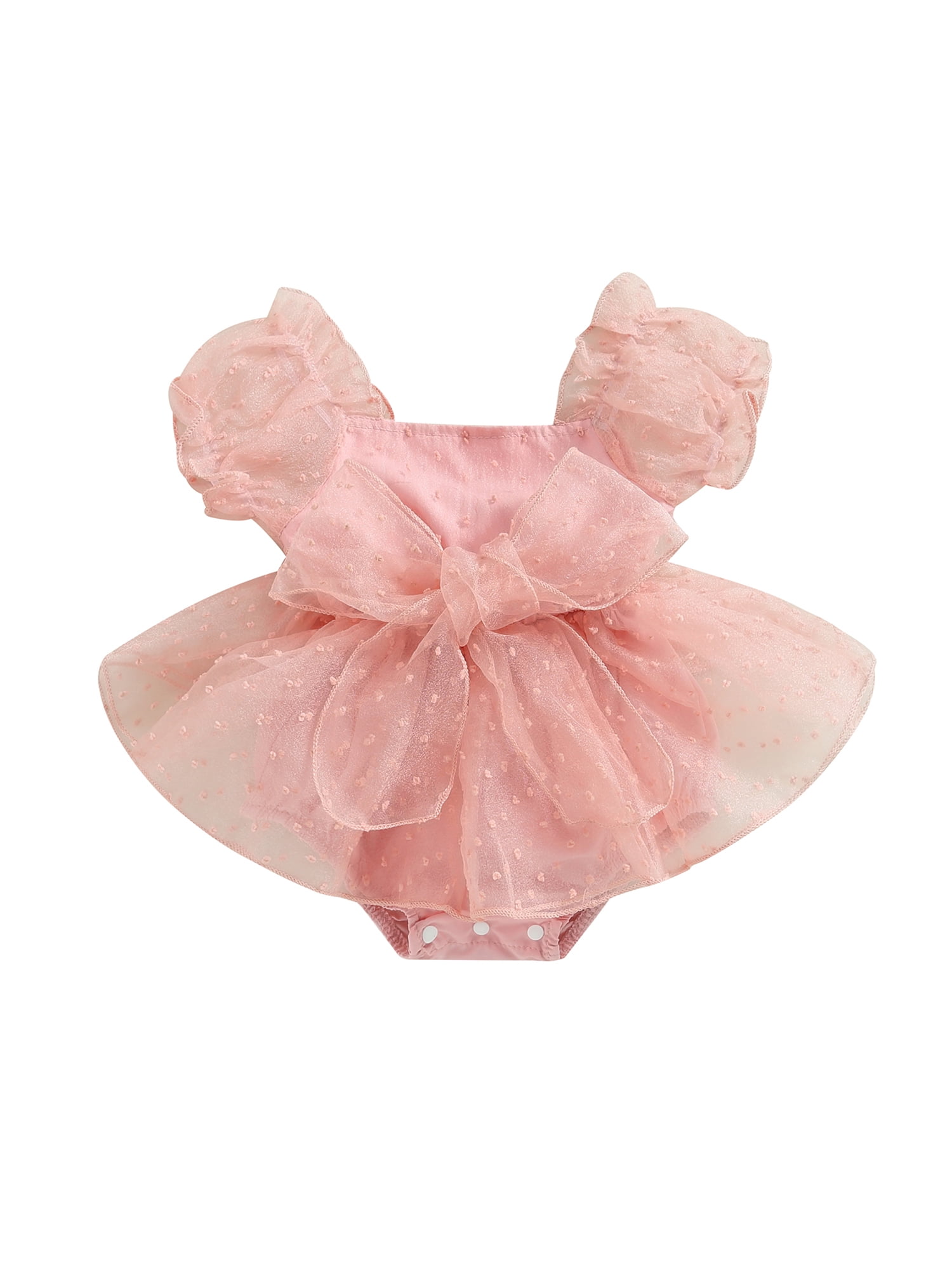 Baby Girls Mesh Jumpsuit Cute Bow Short Sleeve Romper Dress for Toddler
