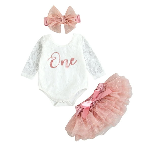 Baby Girls My 1st Birthday Outfits 6M 9M 12M 18M 24M 3Y Long Sleeve Floral Lace Romper + Tutu Skirt + Headband Set