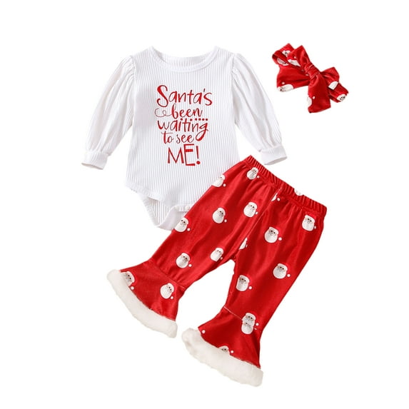 Baby Girls My Fisrt Christmas Outfits Letter Ribbed Long Sleeve Romper Flared Pants Headband Set Fall Winter Clothes