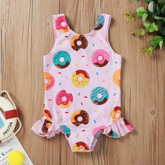 Baby Girls One-Piece Ruffle Donut Print Swimsuit Summer Swim 0-6M