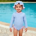 thumbnail image 1 of Baby Girls One Piece Swimsuit Long Sleeve Printed Romper Infant Bathing Suit Kids Beach Rash Guard with Hat Blue 2-3 Years, 1 of 6