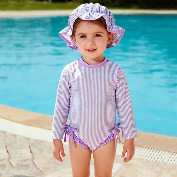 Baby Girls One Piece Swimsuit Long Sleeve Printed Romper Infant Bathing Suit Kids Beach Rash Guard with Hat Purple 0-3 Months