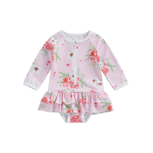 Baby Girls One Piece Swimsuits Long Sleeve Rash Guard Swimshirts Kids