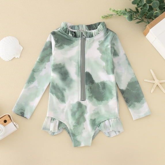 Baby Girls One Piece Swimsuits Rashguard Sets Long Sleeve Floral Print Baby Ruffles Swimwear UPF 50+ Sun Bathing Suit for Girls 5-6 Years