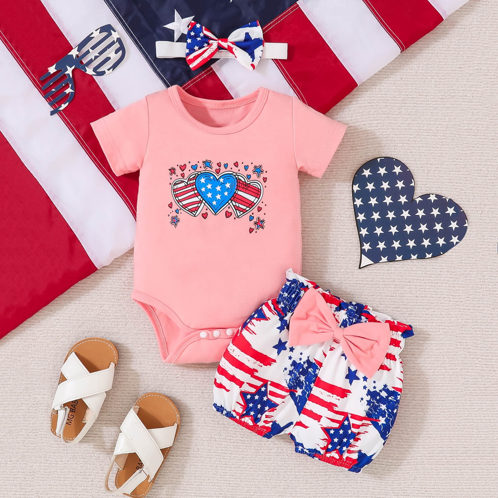 Baby Girls Outfit Sets Independence Day Heart Pattern Printing Romper