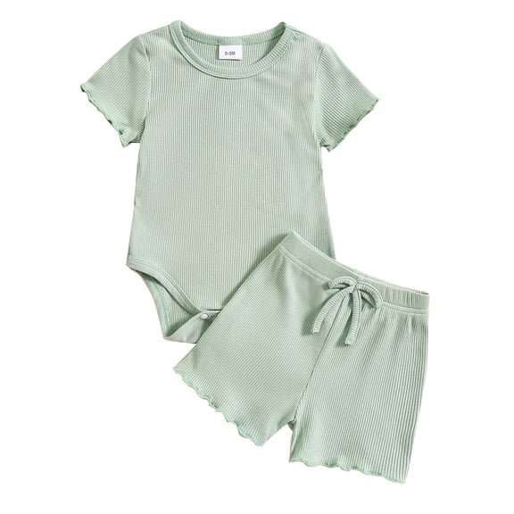 Girls Sets Size 6 Toddler Girls Summer Short Sleeve Solid Prints Tops And Shorts 2PCS Outfits Clothes Set For Children Clothes Green, 9-12 Months