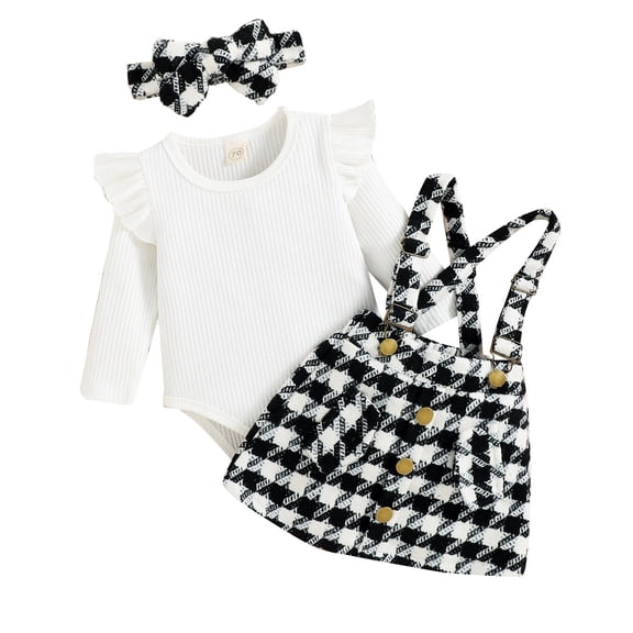 Baby Girls Outfits Sets Ribbed Romper   Plaid Suspender Skirts   Headbands 3-Piece Outfits For 3-6 Months