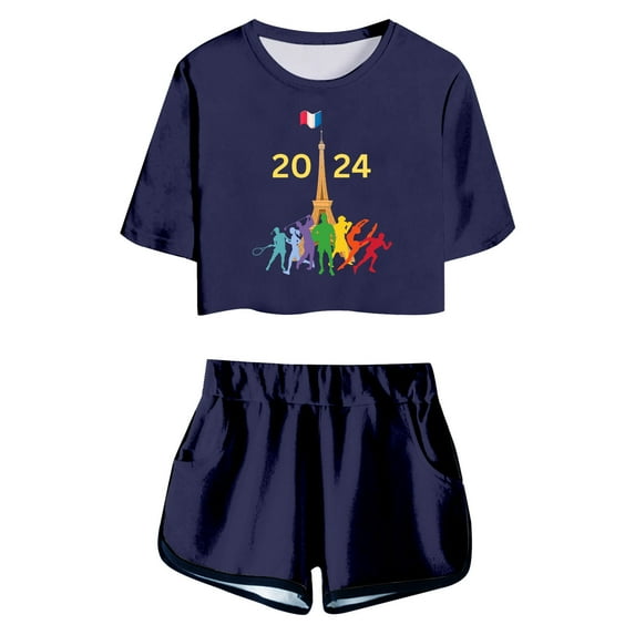 Baby Girls Outfits Short Sleeve Fashion Prints Trendy Sports T Shirt Tops Shorts Set Kids Clothes Navy 8 Years-9 Years