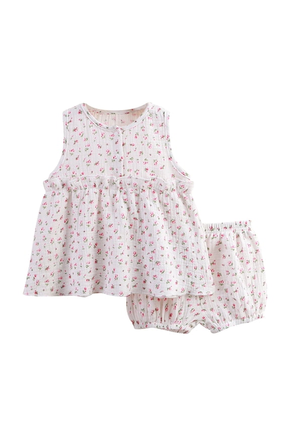 Baby Girls Outfits Soft Cute Comfortable Breathable Pajamas Floral Skirt Shorts Set Kids Clothes White 12 Months-18 Months