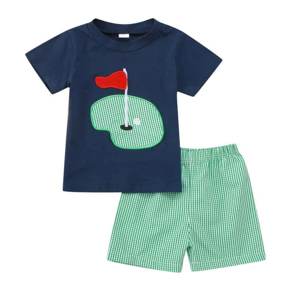 Baby Girls Outfits Summer Casual Short Sleeve Embroidery Holiday T Shirt Tops Plaid Shorts Set Kids Clothes Blue 3 Months-6 Months